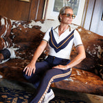 Load image into Gallery viewer, Ballot Pants Dark Navy Camel Stripe
