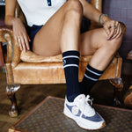 Load image into Gallery viewer, Knee Socks Dark Navy Off White Stripe
